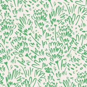 Hand Drawn Abstract Flowers and Grass in Cream White and Green