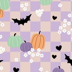 Halloween floral daisies and pumpkins bats on checker gingham kids lilac blush mint orange retro nineties palette