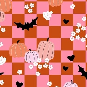 Halloween floral daisies and pumpkins bats on checker gingham kids pink orange rust blush