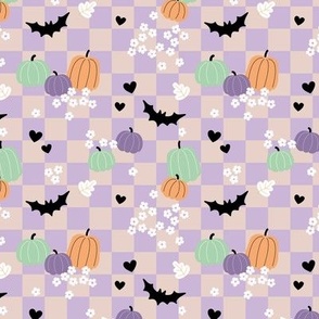 Halloween floral daisies and pumpkins bats on checker gingham kids lilac blush mint orange retro nineties palette SMALL