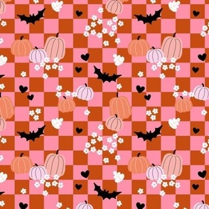Halloween floral daisies and pumpkins bats on checker gingham kids pink orange rust blush SMALL