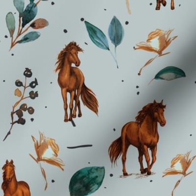 Horses and roses or Rose Horse Farm on Blue
