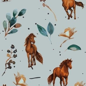 Horses and roses or Rose Horse Farm on Blue