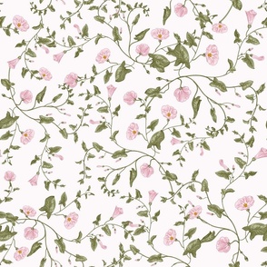 18“ a pink summer  morning glory ,climbers meadow  - nostalgic  home decor on white,  Baby Girl and nursery fabric perfect for kidsroom wallpaper, kids room, kids decor 