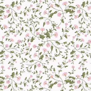 14" a pink summer  morning glory ,climbers meadow  - nostalgic  home decor on white,  Baby Girl and nursery fabric perfect for kidsroom wallpaper, kids room, kids decor
