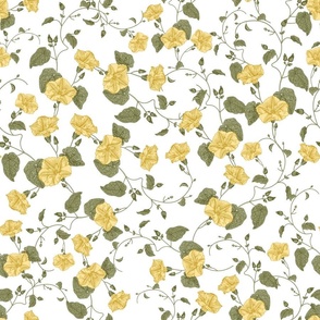 18" a yellow summer  morning glory ,climbers meadow  - nostalgic  home decor on white,  Baby Girl and nursery fabric perfect for kidsroom wallpaper, kids room, kids decor