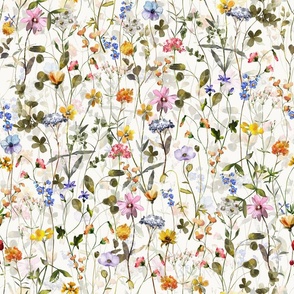 18" a colorful summer wildflower meadow  - nostalgic Wildflowers and Herbs home decor on white double layer,  Baby Girl and nursery fabric perfect for kidsroom wallpaper, kids room, kids decor