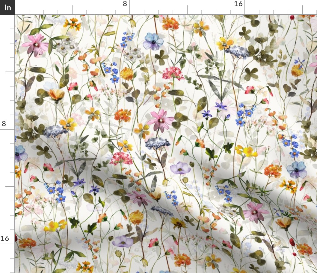18" a colorful summer wildflower meadow  - nostalgic Wildflowers and Herbs home decor on white double layer,  Baby Girl and nursery fabric perfect for kidsroom wallpaper, kids room, kids decor