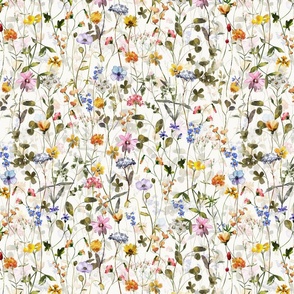 14" a colorful summer wildflower meadow  - nostalgic Wildflowers and Herbs home decor on white double layer,  Baby Girl and nursery fabric perfect for kidsroom wallpaper, kids room, kids decor