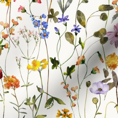 18" a colorful summer wildflower meadow  - nostalgic Wildflowers and Herbs home decor on white double layer,  Baby Girl and nursery fabric perfect for kidsroom wallpaper, kids room, kids decor single layer