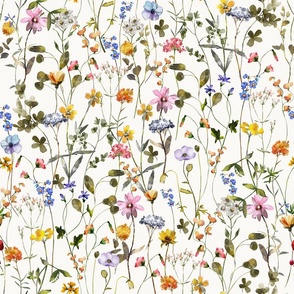 18" a colorful summer wildflower meadow  - nostalgic Wildflowers and Herbs home decor on white double layer,  Baby Girl and nursery fabric perfect for kidsroom wallpaper, kids room, kids decor single layer