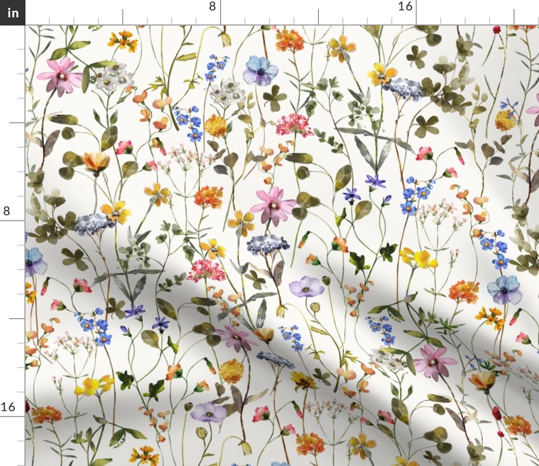 18" a colorful summer wildflower meadow  - nostalgic Wildflowers and Herbs home decor on white double layer,  Baby Girl and nursery fabric perfect for kidsroom wallpaper, kids room, kids decor single layer