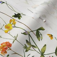 14" a colorful summer wildflower meadow  - nostalgic Wildflowers and Herbs home decor on white double layer,  Baby Girl and nursery fabric perfect for kidsroom wallpaper, kids room, kids decor single layer