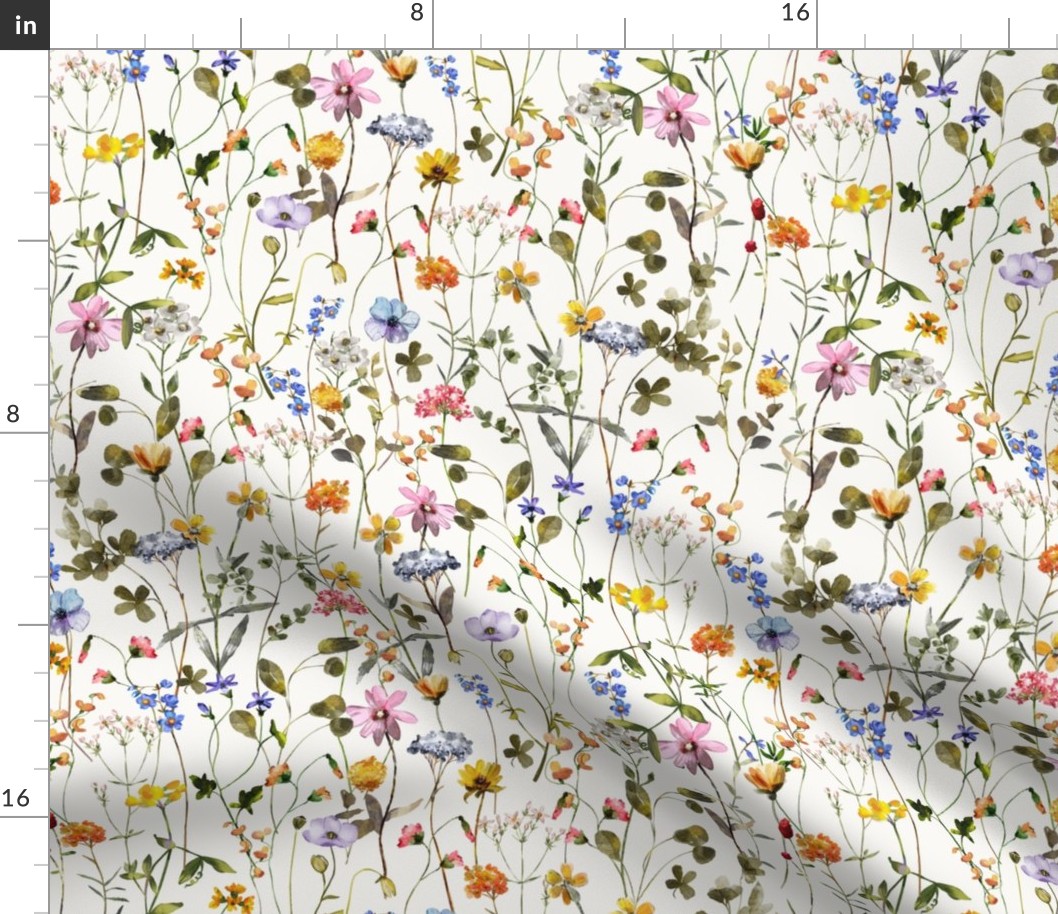 14" a colorful summer wildflower meadow  - nostalgic Wildflowers and Herbs home decor on white double layer,  Baby Girl and nursery fabric perfect for kidsroom wallpaper, kids room, kids decor single layer