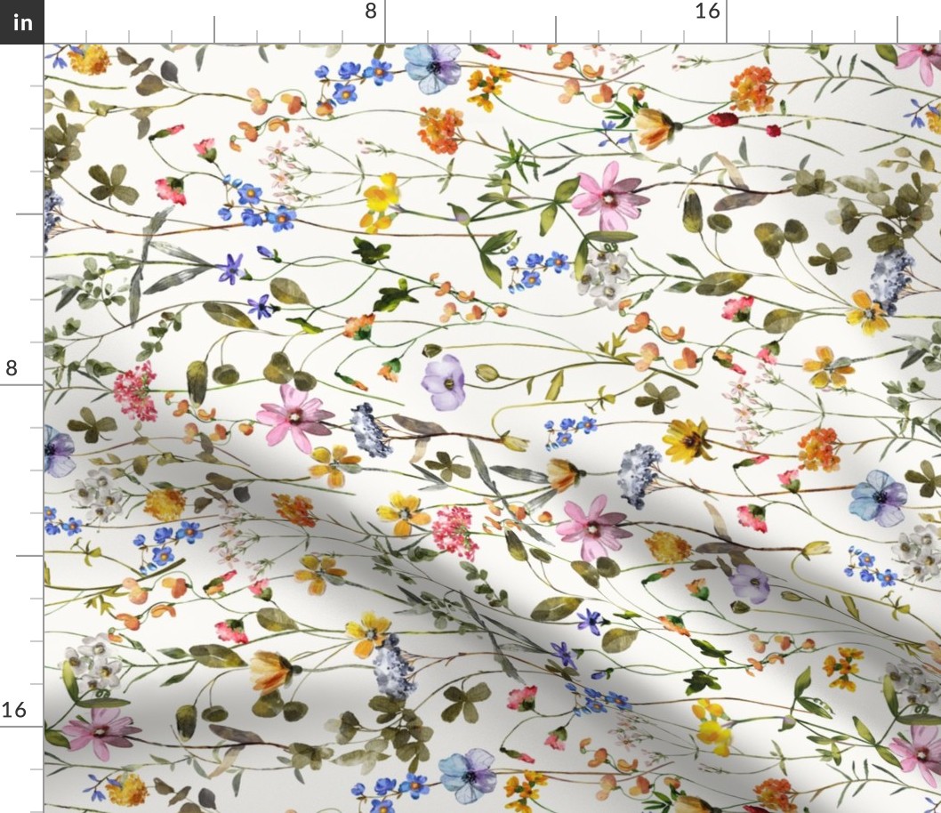 21" Turned left - a colorful summer wildflower meadow  - nostalgic Wildflowers and Herbs home decor on white double layer,  Baby Girl and nursery fabric perfect for kidsroom wallpaper, kids room, kids decor single layer