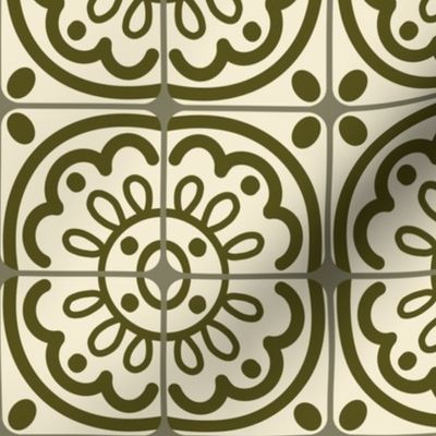 3” Mid Century Tile, Olive on Butter
