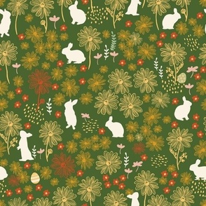 Ecru White Easter Bunnies in yellow flowers on Green