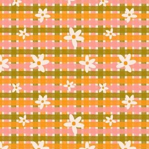 Watercolor Spring daisy gingham pink green orange - mother's day