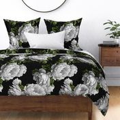 Dark vintage floral classic. Boho flowers. Black and white large peonies. 