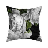 Dark vintage floral classic. Boho flowers. Black and white large peonies. 