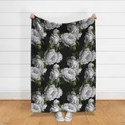 Dark vintage floral classic. Boho flowers. Black and white large peonies. 