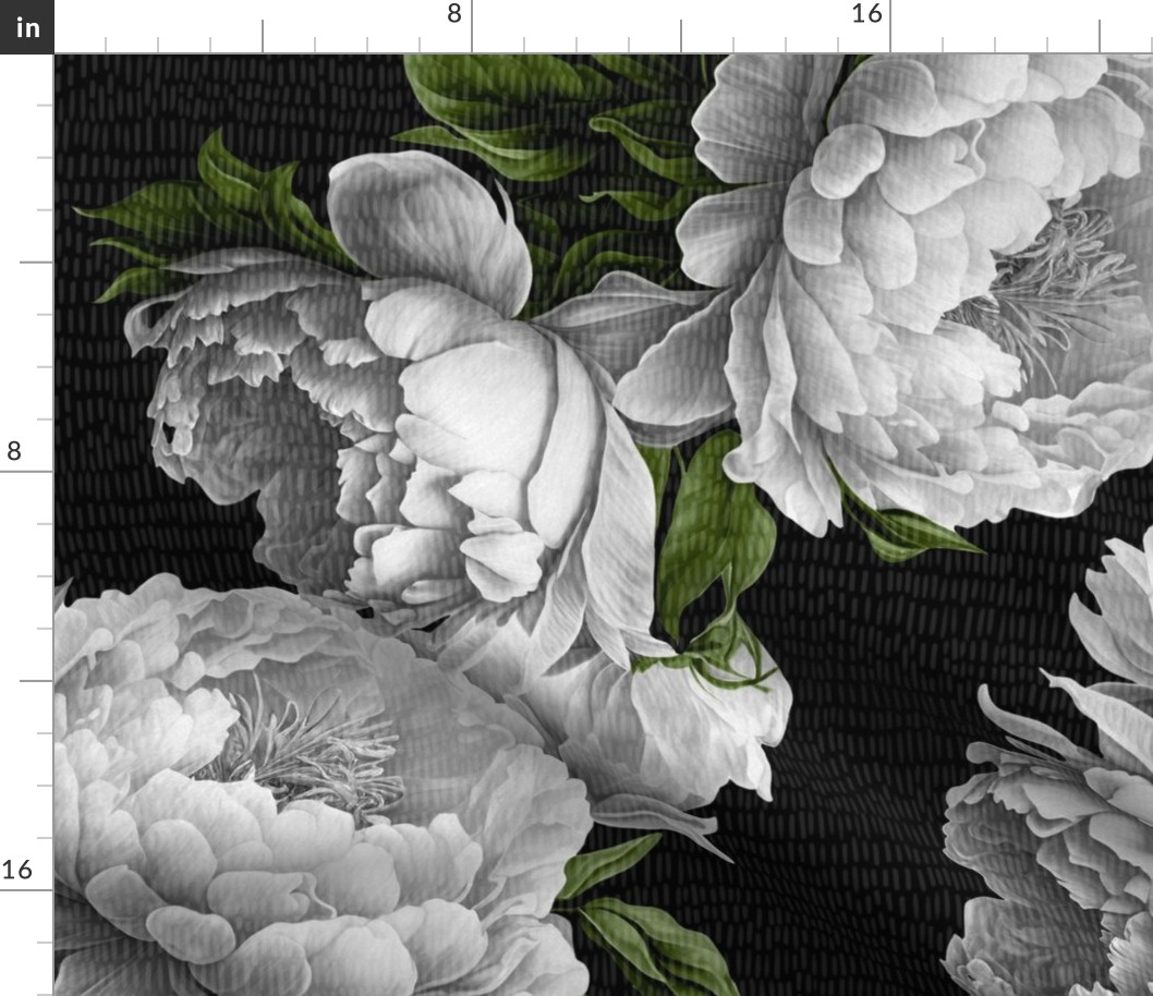 Dark vintage floral classic. Boho flowers. Black and white large peonies. 