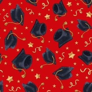 Medium Scale Graduation Caps Stars and Streamers on Red