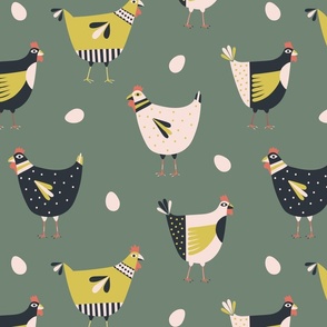 (L) Chickens and eggs on a farm sage green
