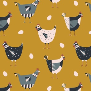(L) Chickens and eggs on a farm mustard yellow