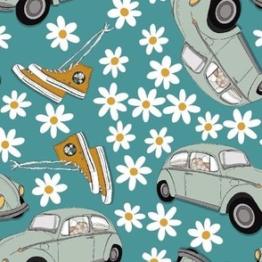 Retro Daisy Pattern, Vintage Car, Mint and Teal, Sneakers and Flowers, Yellow Gold, Shoe Pattern