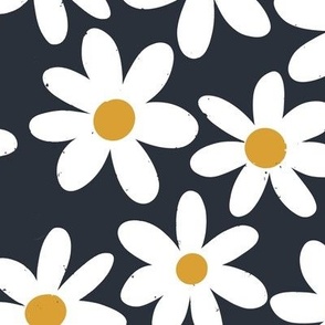 Navy Dainty Daisies (Large), Vintage Inspired Daisy, Hand Drawn Flowers, Retro Daisy, Navy and White, Nostalgic  Whimsical, Retro Pattern, Retro Fabric, Charming Flowers, Vintage Flowers, Groovy Daisy