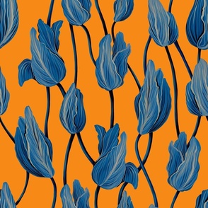 Blue tulips on orange background