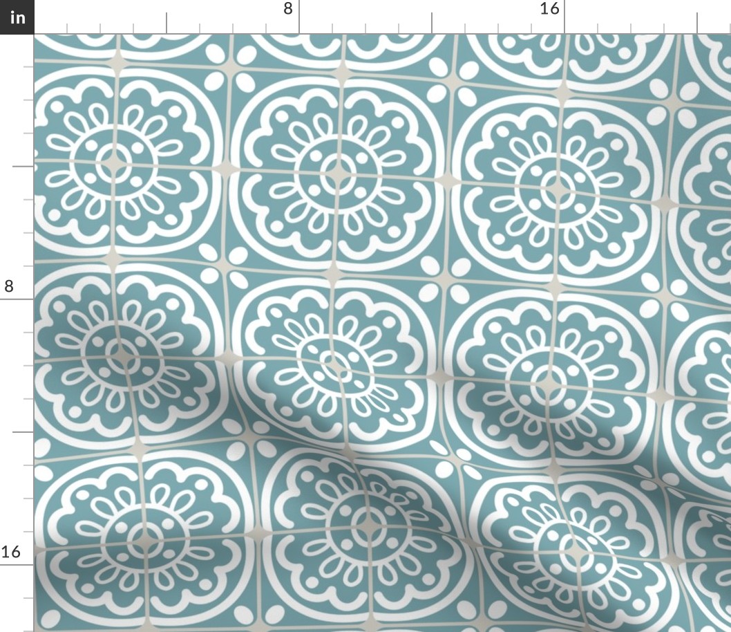 3” Modern Farmhouse Tile, White and Grey on Turquoise