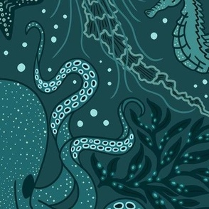 Ocean Discoveries Damask - Dark Teal - Octopus, Jellyfish, Crab, Seahorse, Seaweed, Starfish - Large Scale by Angel Gerardo