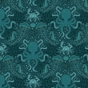 Ocean Discoveries Damask - Dark Teal - Octopus, Jellyfish, Crab, Seahorse, Seaweed, Starfish - Medium Scale by Angel Gerardo