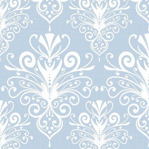 victorian era floral ornaments - white ornament on fog color - blue damask wallpaper