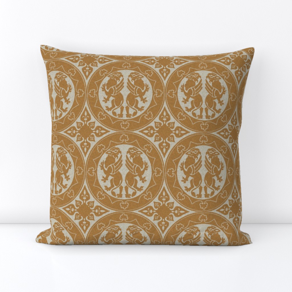 Medieval Sicilian Griffins - burnt caramel on natural linen