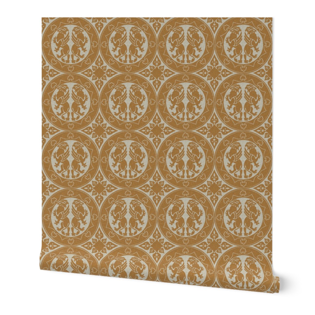 Medieval Sicilian Griffins - burnt caramel on natural linen