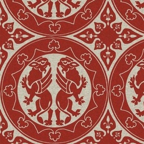 Medieval Sicilian Griffins, dark red on natural linen