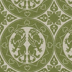 Medieval Sicilian Griffins, olive green on natural linen