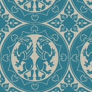 Medieval Sicilian Griffins, peacock blue on natural linen 6W