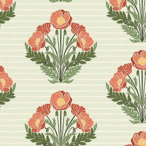 Woodblock Print Poppy Floral - Retro Green/Orange - Large Scale