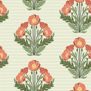 Woodblock Print Poppy Floral - Retro Gree/Orange - Jumbo Scale