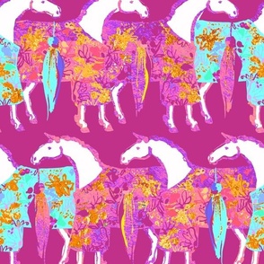 Horses in Kimonos, Lilac Frost and Fuchsia Background 12 in x 13.33 in repeat scale