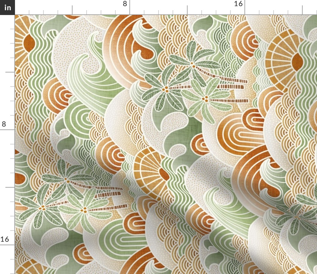 California Dreaming- Sun and Sea- Vintage Colors- Gold- Green- California- Bohemian Summer Beach- Boho Sea Waves- Earth Tones Wallpaper- Medium- Rotated