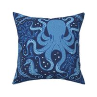 Ocean Discoveries Damask - Cobalt Cornflower Midnight Blue - Octopus, Jellyfish, Crab, Seahorse, Seaweed, Starfish - Large Scale by Angel Gerardo
