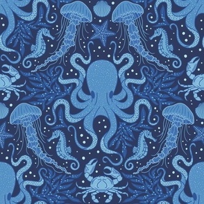 Ocean Discoveries Damask - Cobalt Cornflower Midnight Blue - Octopus, Jellyfish, Crab, Seahorse, Seaweed, Starfish by Angel Gerardo