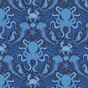 Ocean Discoveries Damask - Cobalt Cornflower Midnight Blue - Octopus, Jellyfish, Crab, Seahorse, Seaweed, Starfish - Medium Scale by Angel Gerardo