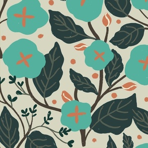 English Floral Garden Teal and Cream_Large