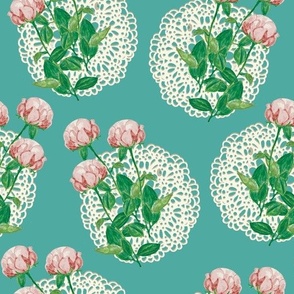 Passementarie Peonies and Doilies lace pink blue green